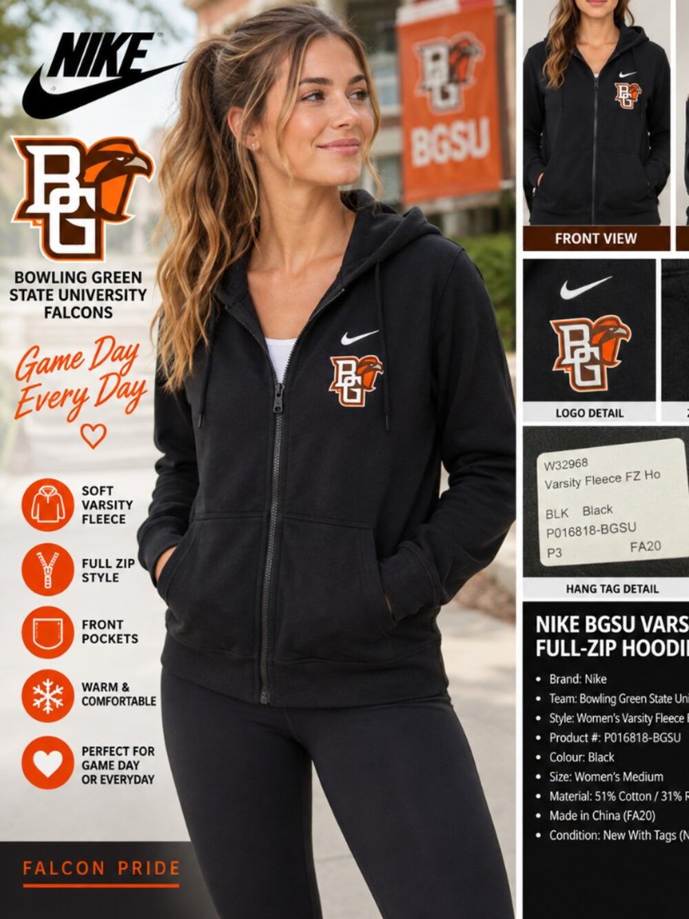 Nike Bowling Green Falcons Varsity Fleece Full-Zip Hoodie – Women’s M – NWT